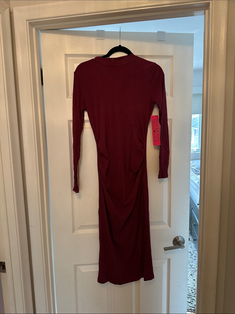 Long-Sleeve Ribbed Midi Dress in Burgundy